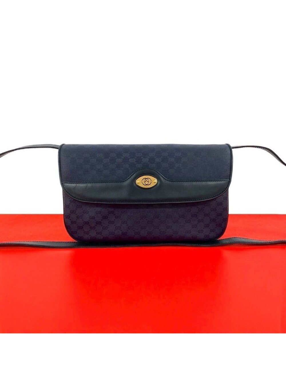 Gucci Vintage Micro GG Logo Leather Shoulder Bag Pochette Crossbody Navy